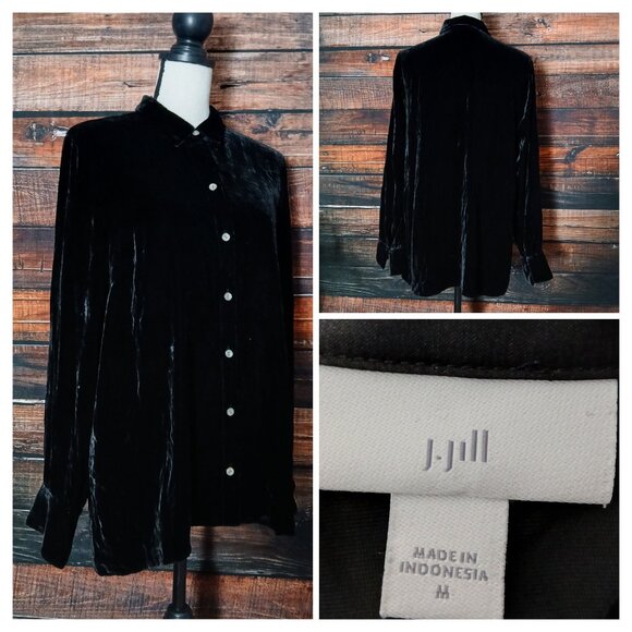J. Jill Top M Black Velvet Rayon Silk Blend Button Front - Picture 1 of 10